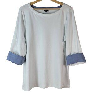 Nautica Womens 3/4 Sleeve Top White XXL Blue Flip Cuffs Crew Neck 100% Cotton